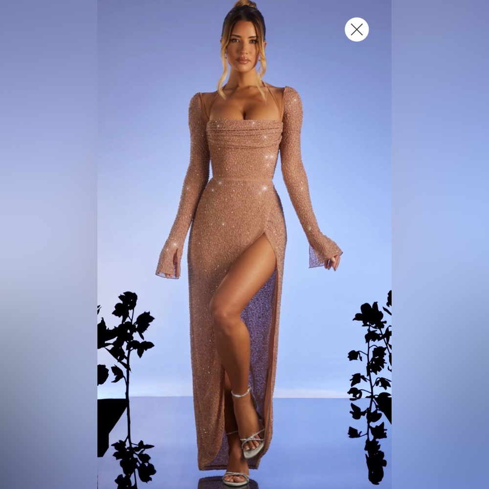 Oh Polly CHAMPEL Embellished Cowl Neck Maxi Dress in Nude